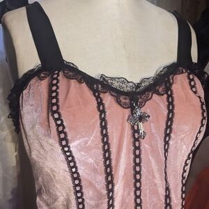 SET 4 : Pink Velvet Cami Tank Silver Cross, Pink Shorts, Black Ribbon Bra